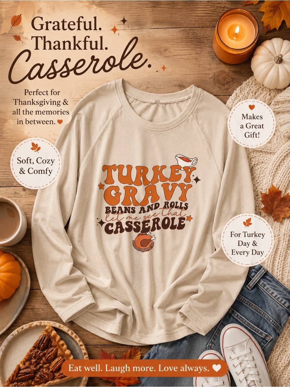 Amazon Cream Long Sleeve Graphic Tee - 'Turkey Gravy' Thanksgiving Shirt